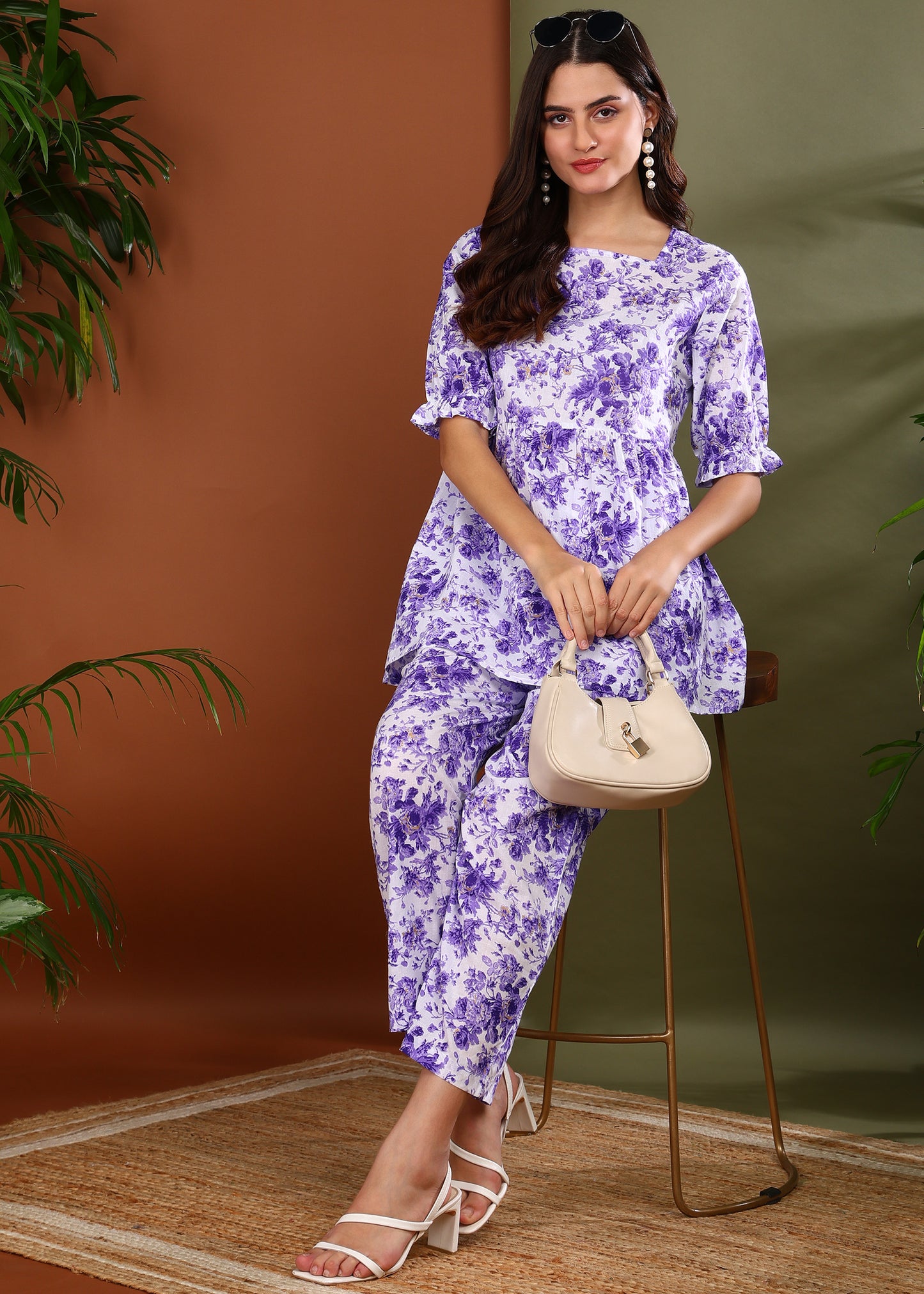 Yash Gallery Women's Lavender Cambric Cotton Floral Print Square Neck Peplum Puff Sleeve Co-ord Set || Peplum And Pant