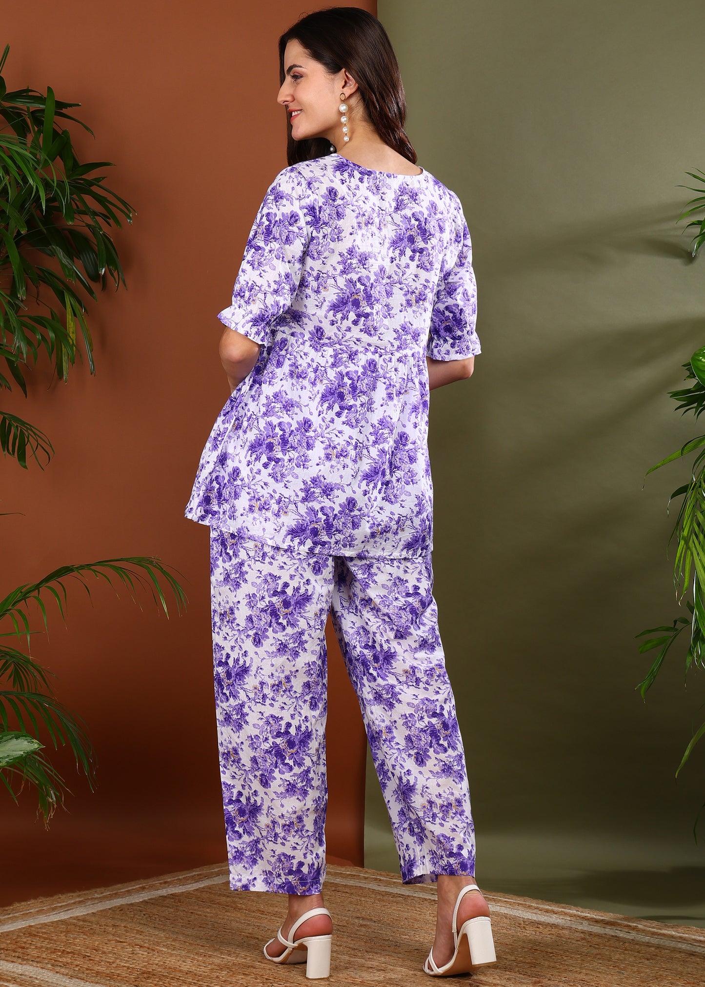 Yash Gallery Women's Lavender Cambric Cotton Floral Print Square Neck Peplum Puff Sleeve Co-ord Set || Peplum And Pant