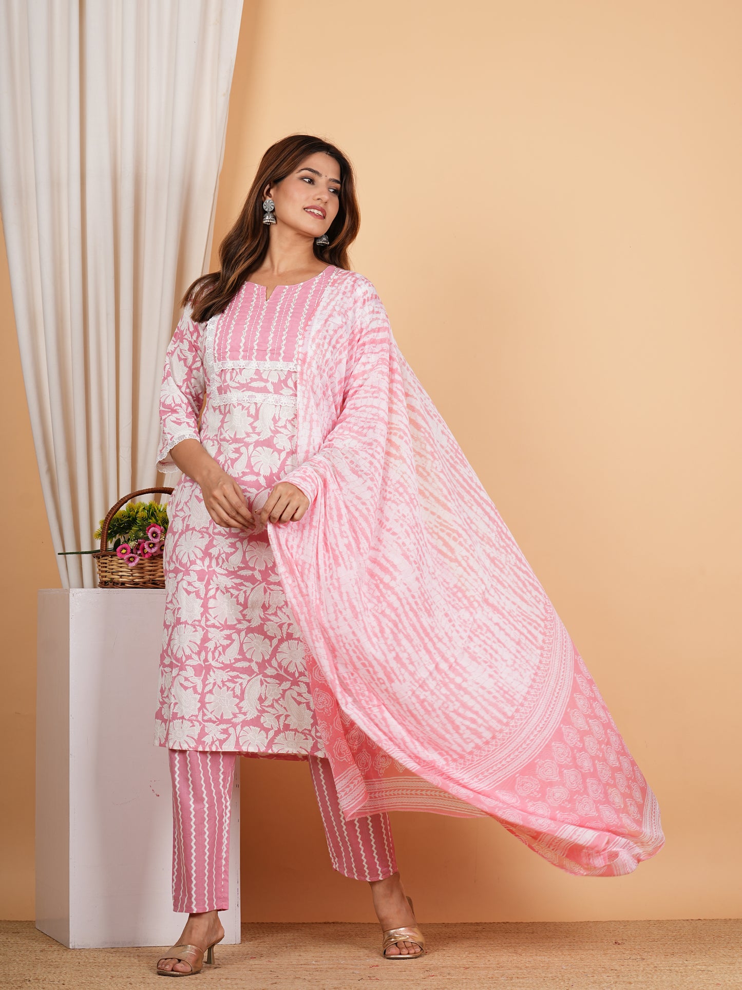 Yash Gallery Women's Cotton Cambric Knee Length Knotch Neck 3/4th Sleeves Floral Printed Regular Fitted Cut Bead Work Straight Kurta With Pant & Dupatta
