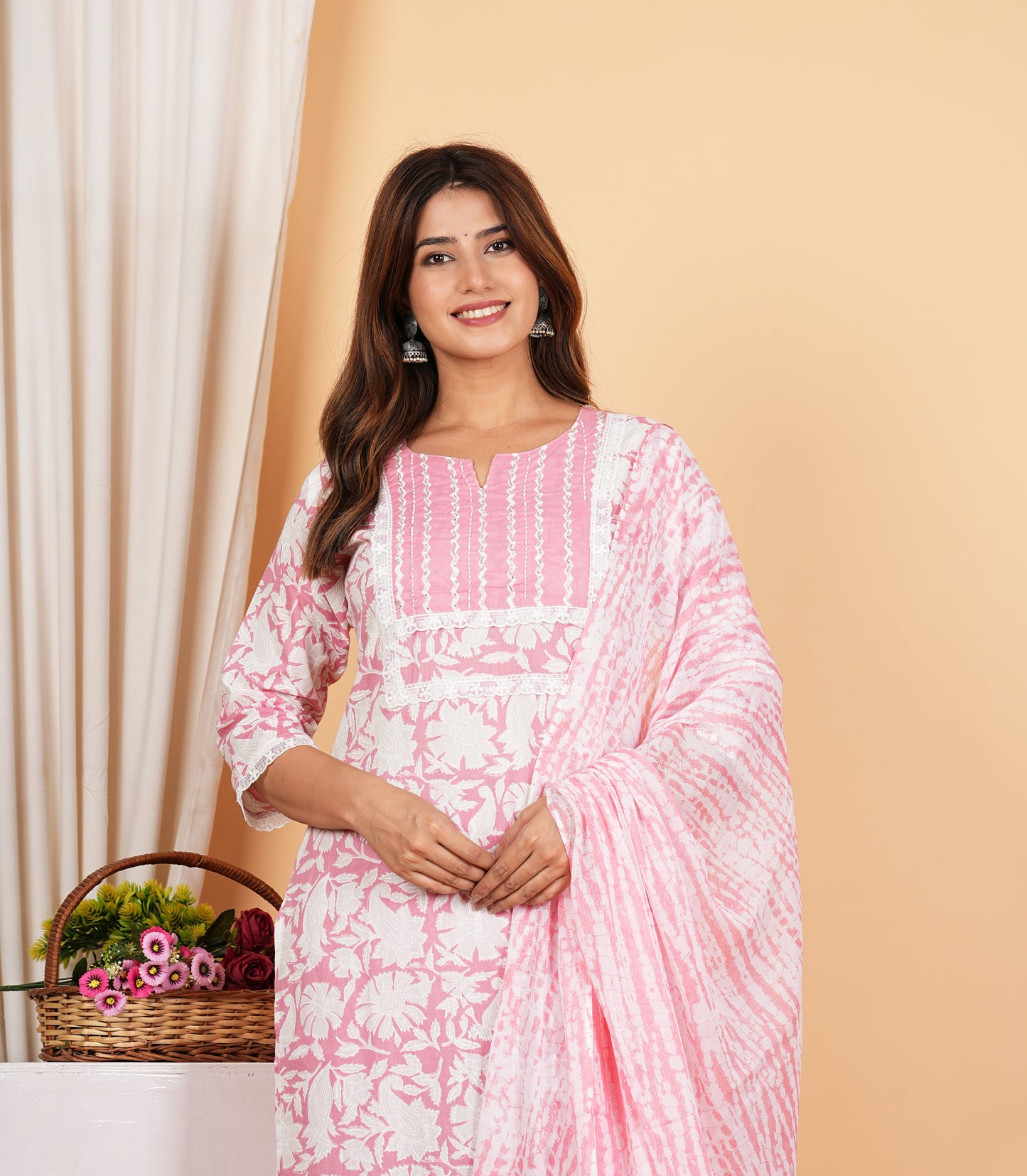 Yash Gallery Women's Cotton Cambric Knee Length Knotch Neck 3/4th Sleeves Floral Printed Regular Fitted Cut Bead Work Straight Kurta With Pant & Dupatta