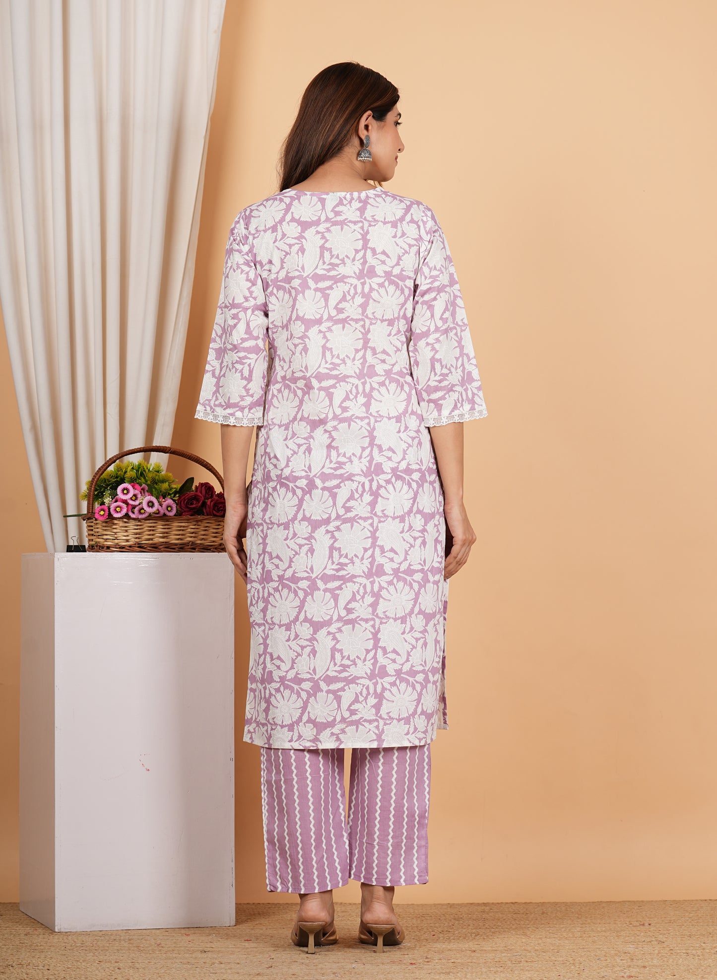Yash Gallery Women's Cotton Cambric Knee Length Knotch Neck 3/4th Sleeves Floral Printed Regular Fitted Cut Bead Work Straight Kurta With Pant & Dupatta