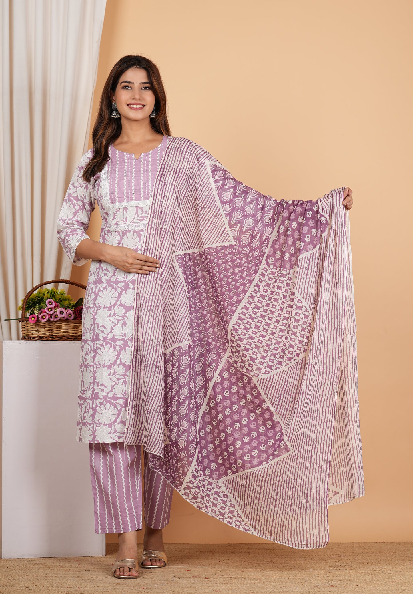 Yash Gallery Women's Cotton Cambric Knee Length Knotch Neck 3/4th Sleeves Floral Printed Regular Fitted Cut Bead Work Straight Kurta With Pant & Dupatta
