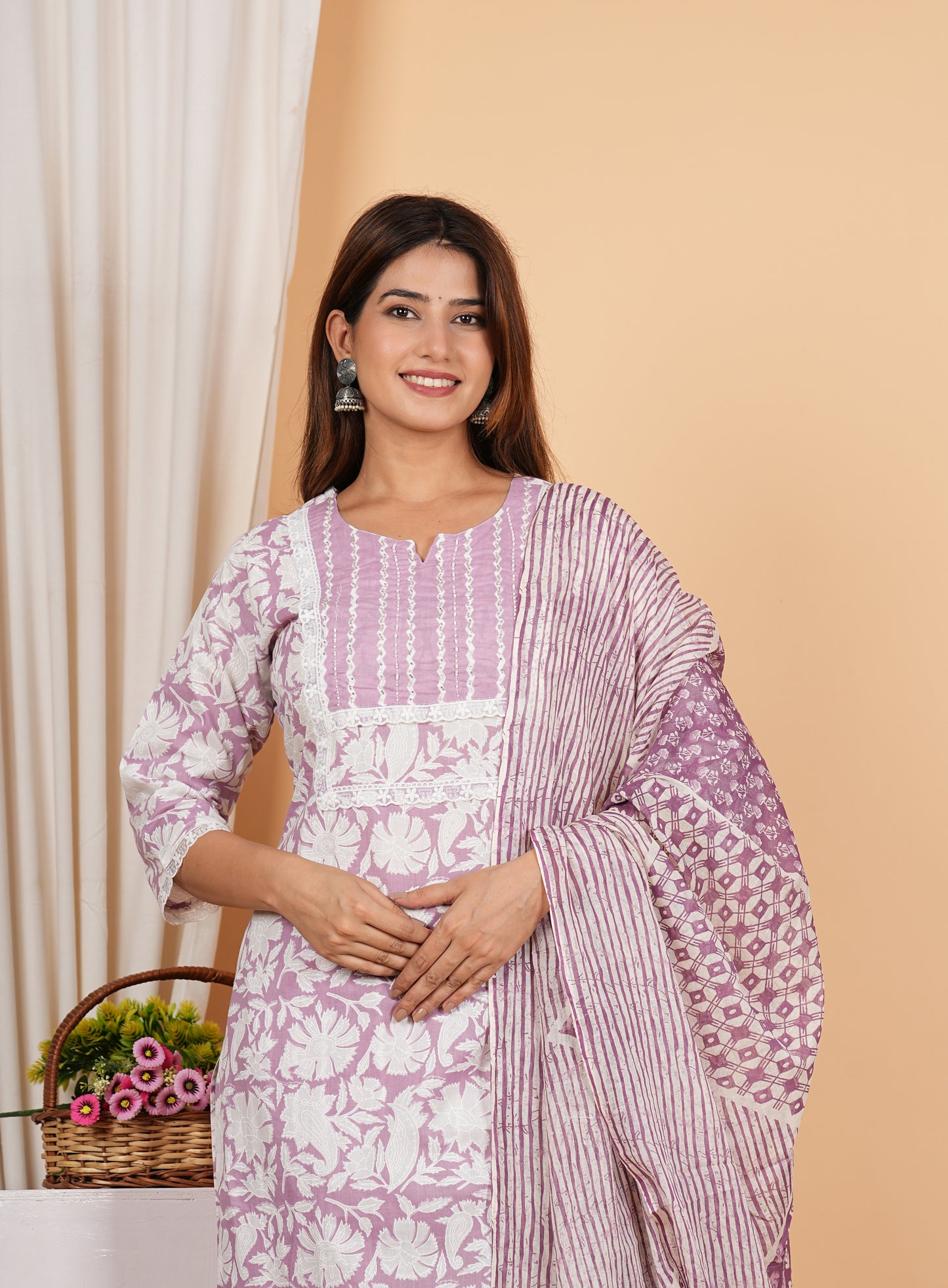 Yash Gallery Women's Cotton Cambric Knee Length Knotch Neck 3/4th Sleeves Floral Printed Regular Fitted Cut Bead Work Straight Kurta With Pant & Dupatta