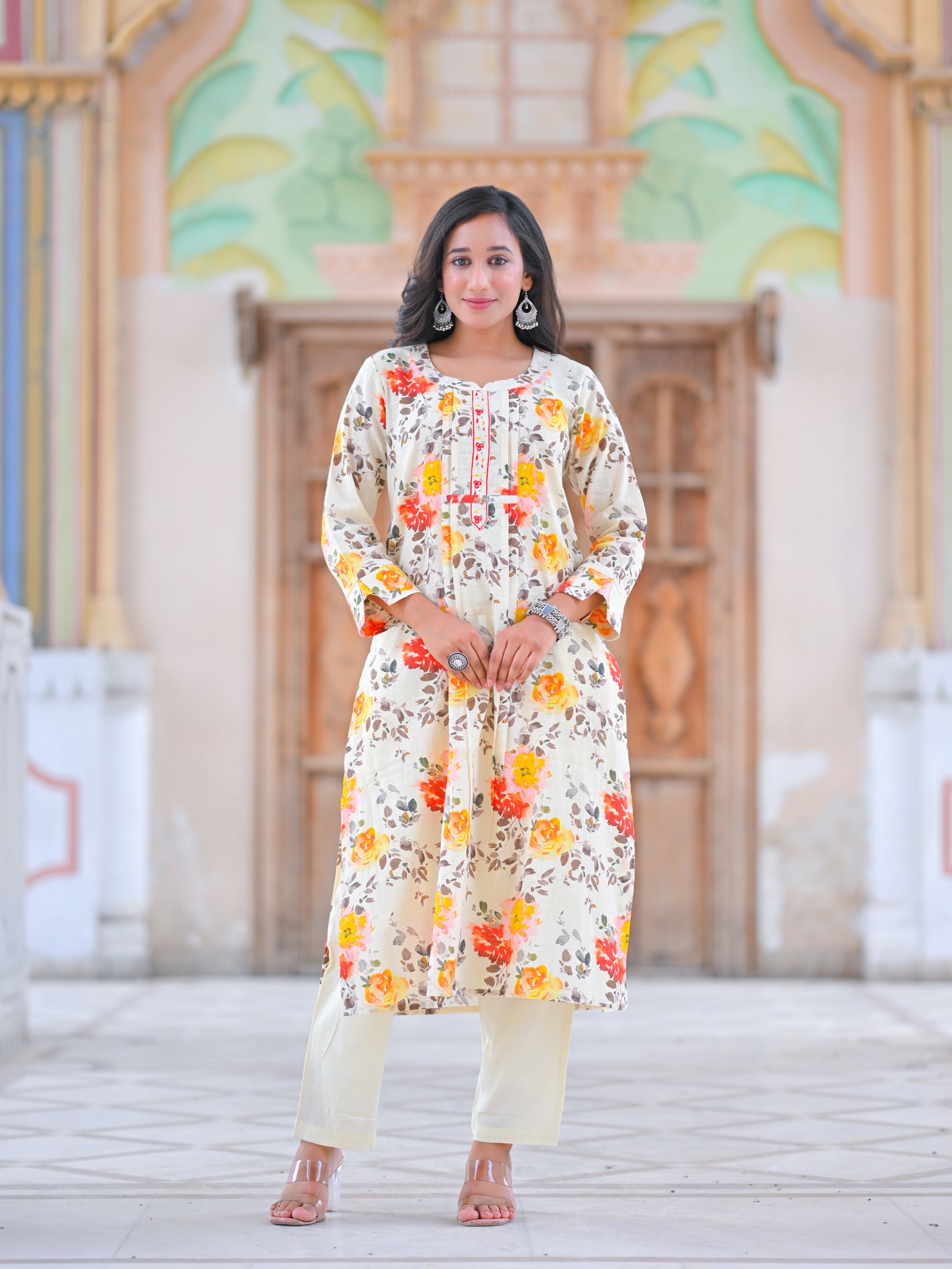 Cotton Floral Printed Calf Length Straight Kurta With Pant