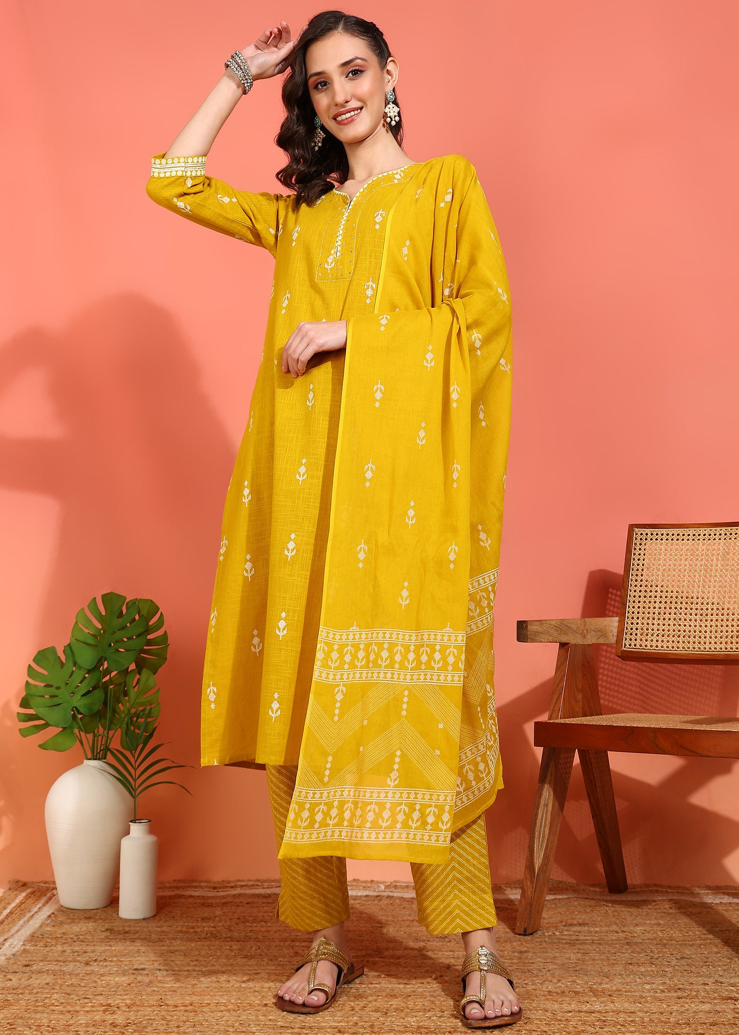 Yash Gallery Women's Mustard Cotton Slub Ikat Print Calf Length Notch Neck 3/4 Sleeves with Gota Detailing Straight Kurta With Pant And Duptta (Mustard)