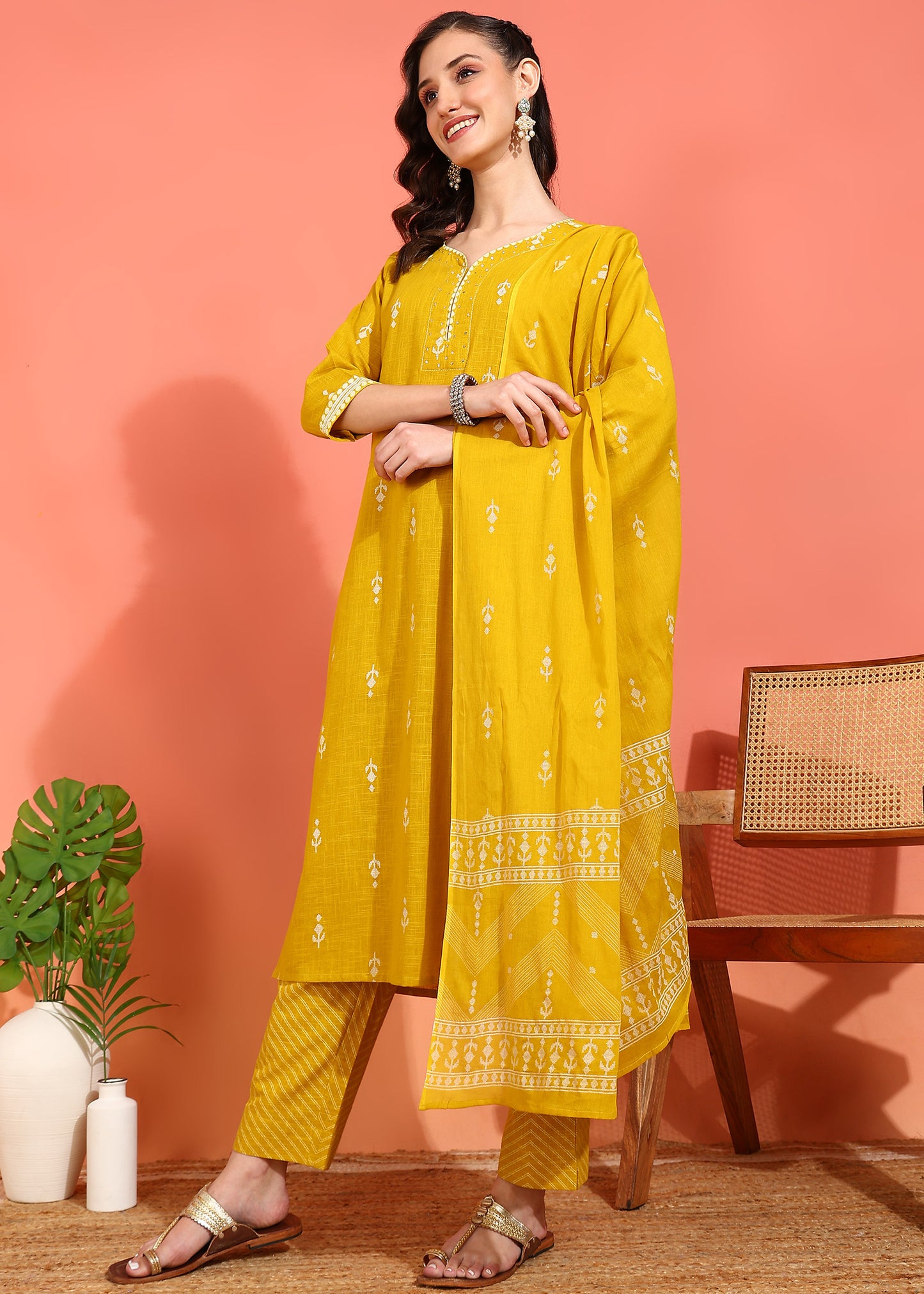 Yash Gallery Women's Mustard Cotton Slub Ikat Print Calf Length Notch Neck 3/4 Sleeves with Gota Detailing Straight Kurta With Pant And Duptta (Mustard)