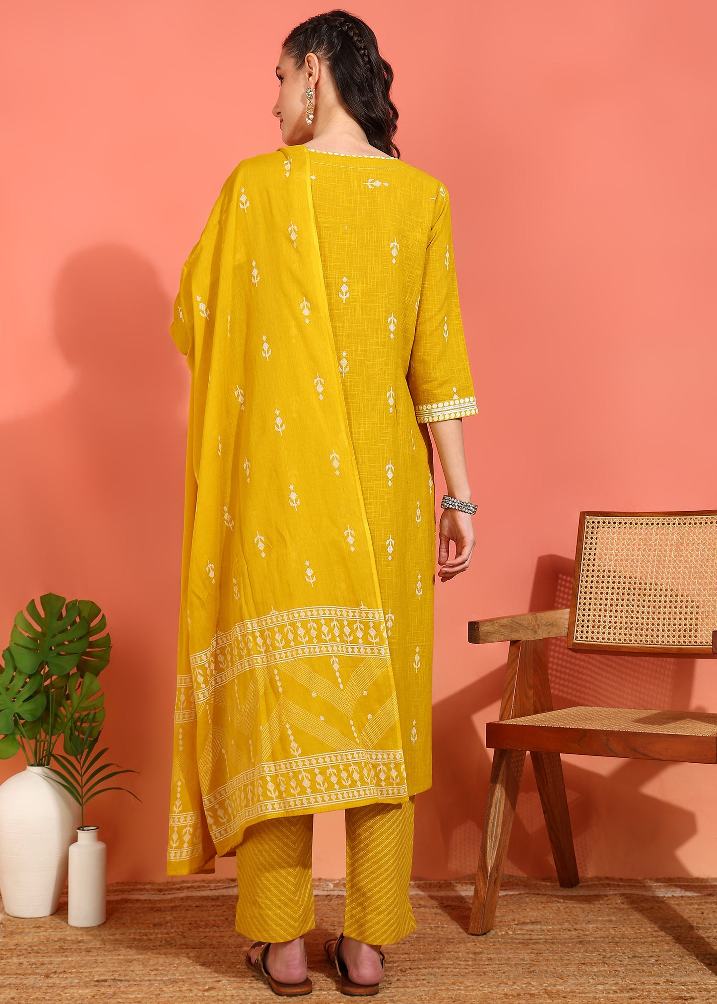Yash Gallery Women's Mustard Cotton Slub Ikat Print Calf Length Notch Neck 3/4 Sleeves with Gota Detailing Straight Kurta With Pant And Duptta (Mustard)
