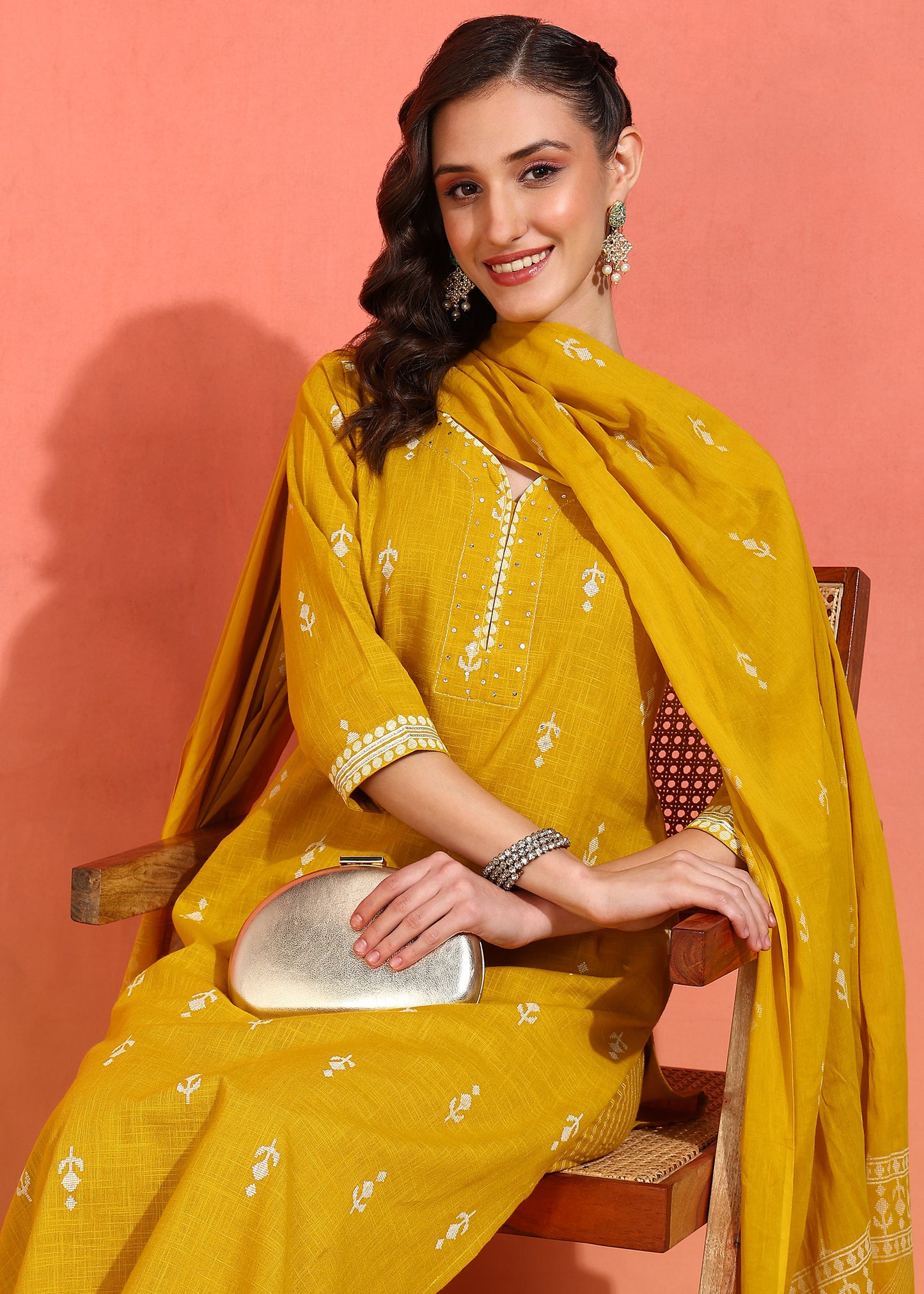 Yash Gallery Women's Mustard Cotton Slub Ikat Print Calf Length Notch Neck 3/4 Sleeves with Gota Detailing Straight Kurta With Pant And Duptta (Mustard)
