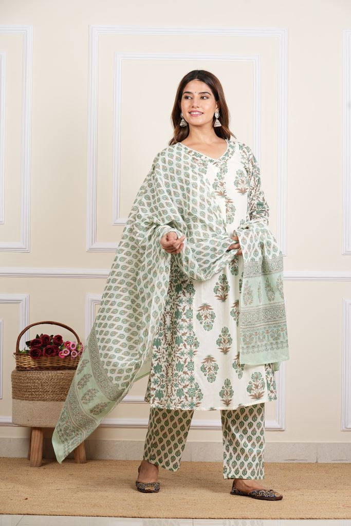 Yash Gallery Women's Cotton Cambric Floral Print Calf Length V- Neck With Lace And Potli Button Detaling 3/4 Sleeves Straight Kurta With Pant And Duptta