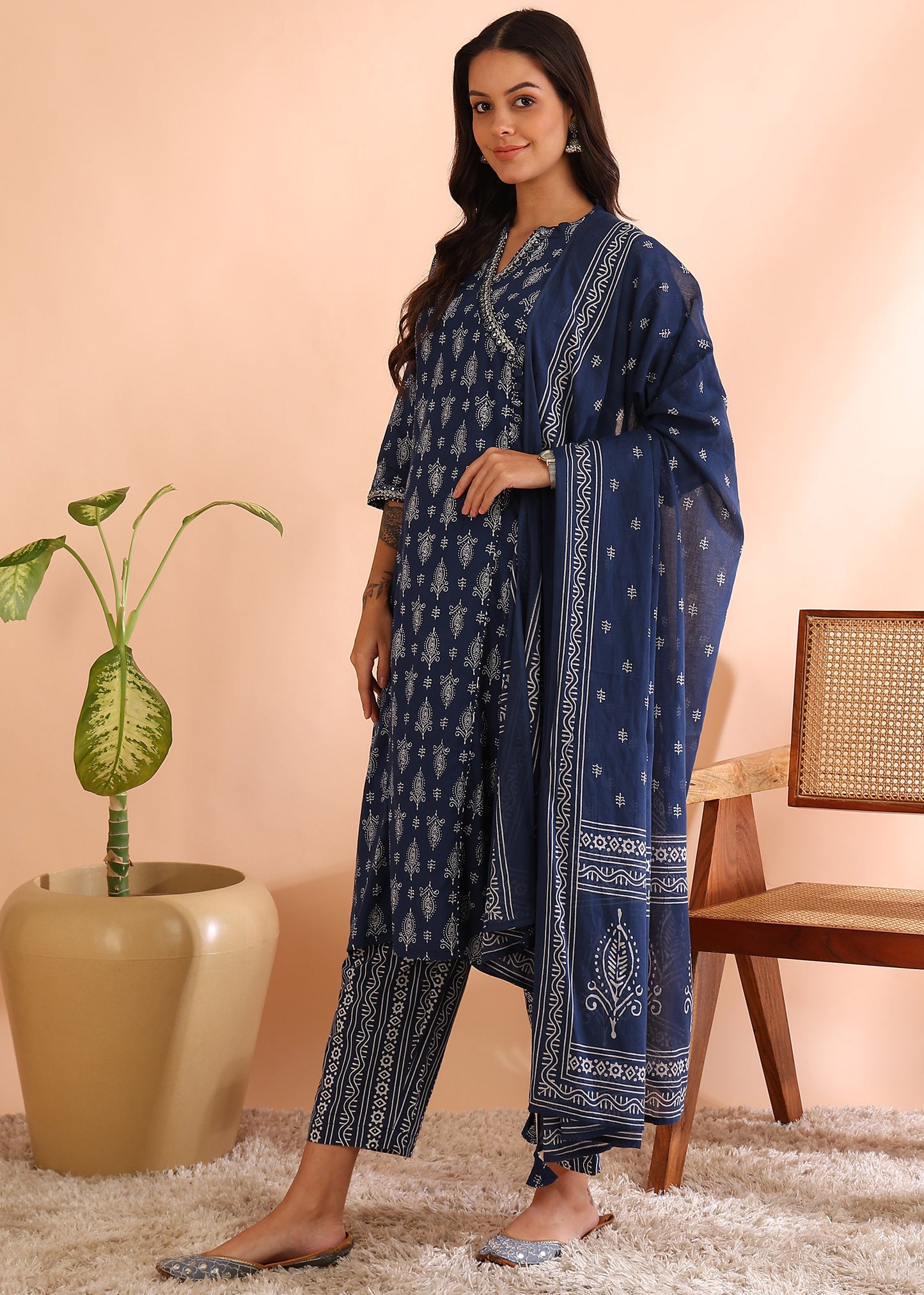 yash gallery womens cotton cambric knee length mandarin collar floral printed regular fitted embroidered 3 4th sleeve straight kurta with printed pant dupatta