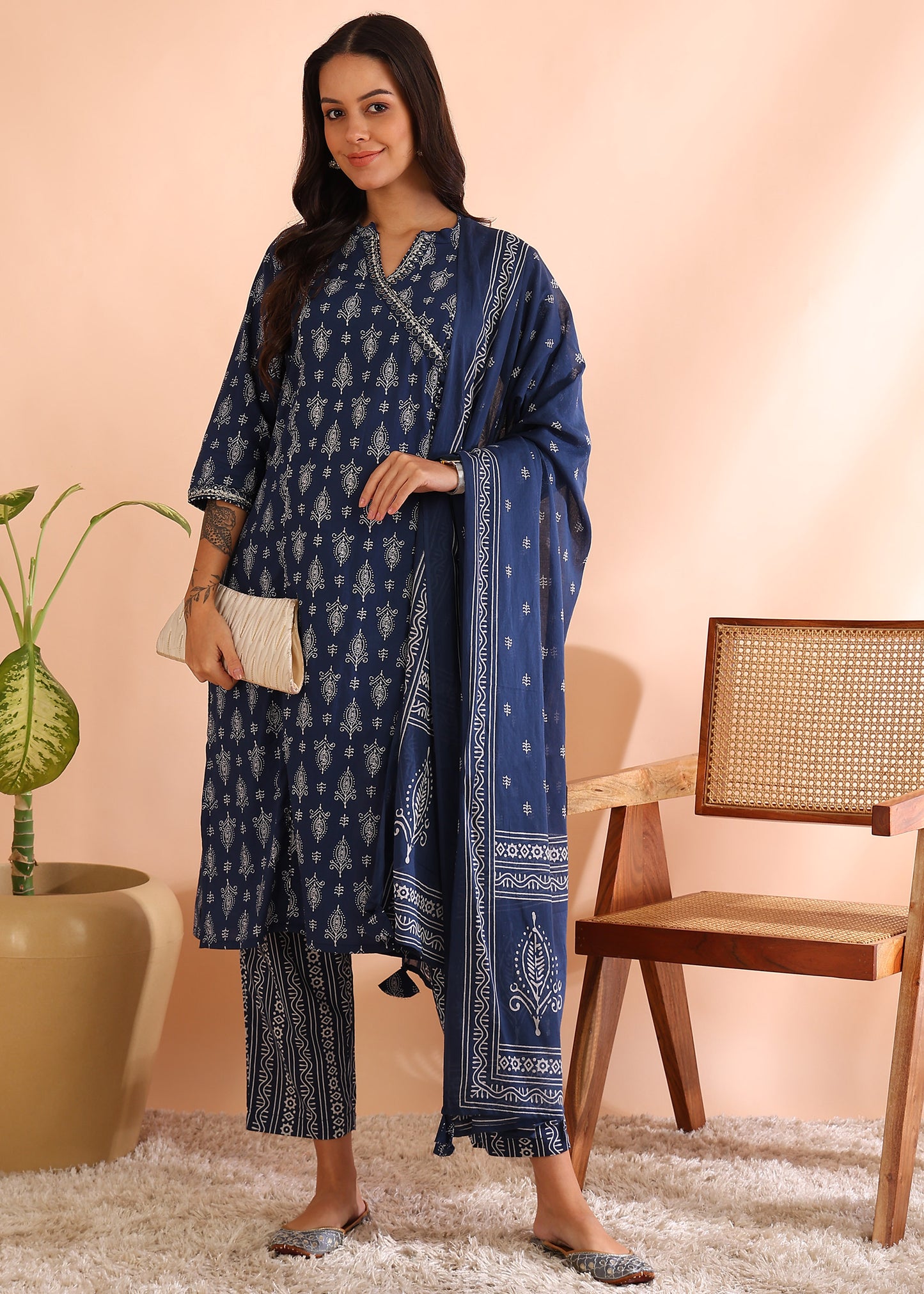 yash gallery womens cotton cambric knee length mandarin collar floral printed regular fitted embroidered 3 4th sleeve straight kurta with printed pant dupatta