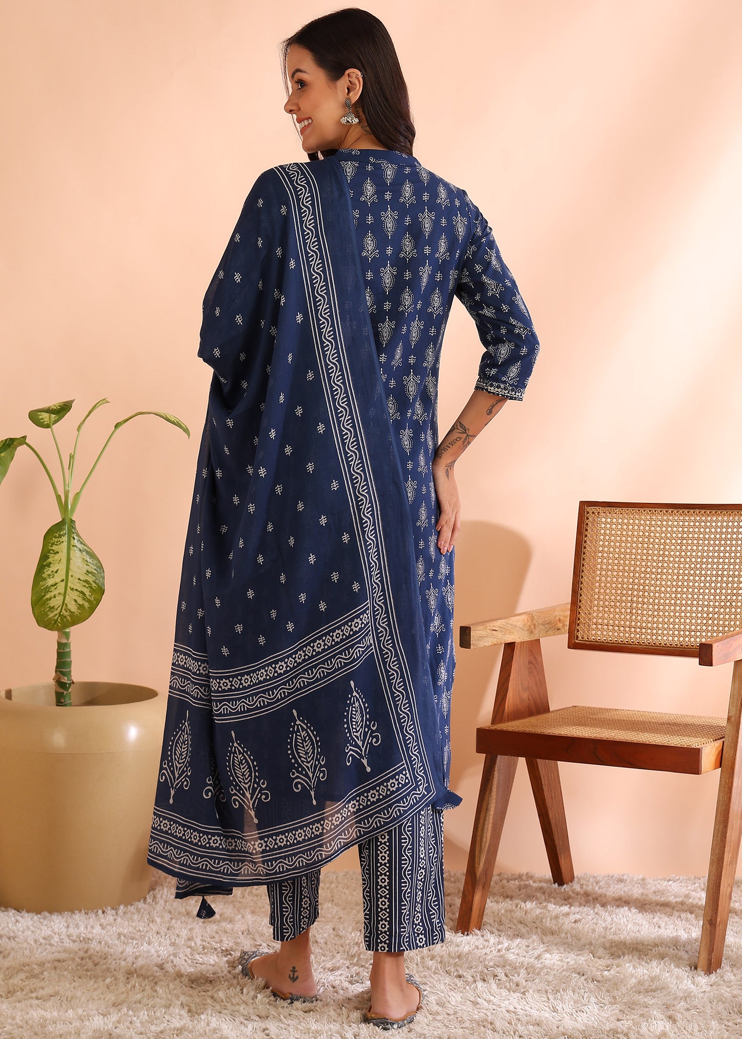 yash gallery womens cotton cambric knee length mandarin collar floral printed regular fitted embroidered 3 4th sleeve straight kurta with printed pant dupatta