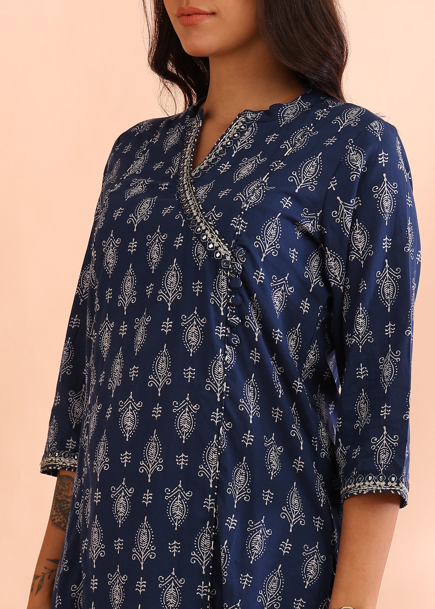 yash gallery womens cotton cambric knee length mandarin collar floral printed regular fitted embroidered 3 4th sleeve straight kurta with printed pant dupatta