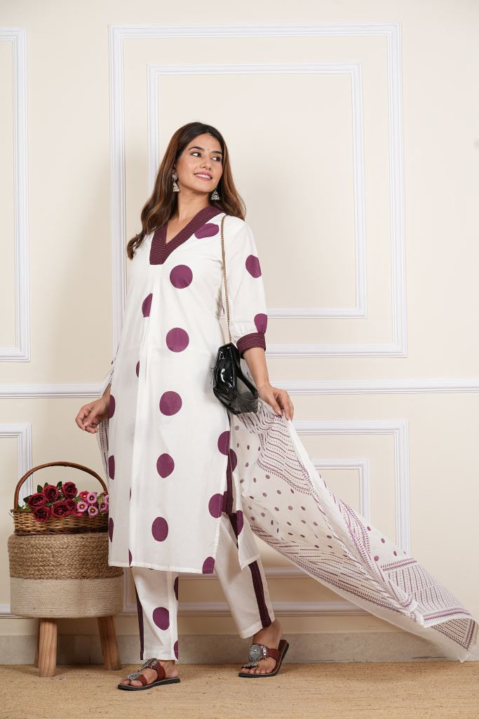 Yash Gallery Women's White Cotton Cambric Polka Dot Print Calf Length V- Neck With Kantha Work Detaliing 3/4 Sleeves Straight Kurta With Pant And Duptta