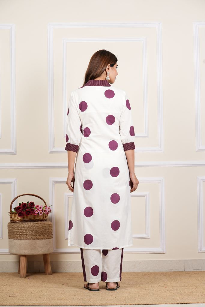 yash gallery womens white cotton cambric polka dot print calf length v neck with kantha work detaliing 3 4 sleeves straight kurta with pant and duptta