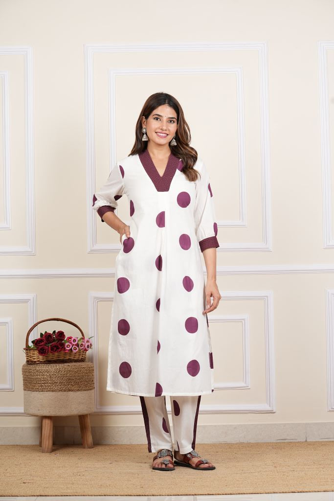 yash gallery womens white cotton cambric polka dot print calf length v neck with kantha work detaliing 3 4 sleeves straight kurta with pant and duptta