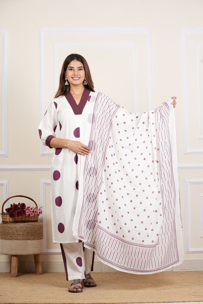 Yash Gallery Women's White Cotton Cambric Polka Dot Print Calf Length V- Neck With Kantha Work Detaliing 3/4 Sleeves Straight Kurta With Pant And Duptta