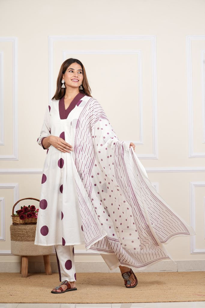 Yash Gallery Women's White Cotton Cambric Polka Dot Print Calf Length V- Neck With Kantha Work Detaliing 3/4 Sleeves Straight Kurta With Pant And Duptta
