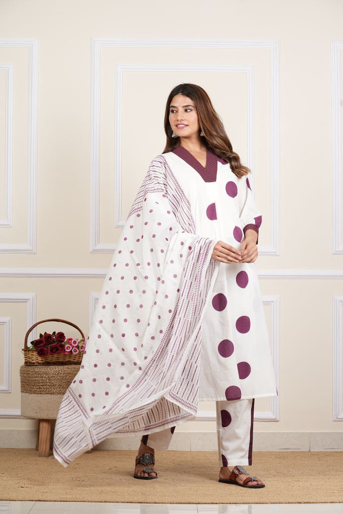 Yash Gallery Women's White Cotton Cambric Polka Dot Print Calf Length V- Neck With Kantha Work Detaliing 3/4 Sleeves Straight Kurta With Pant And Duptta