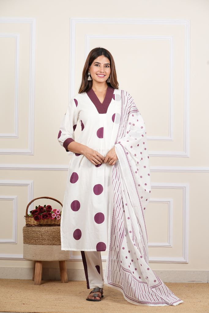 Yash Gallery Women's White Cotton Cambric Polka Dot Print Calf Length V- Neck With Kantha Work Detaliing 3/4 Sleeves Straight Kurta With Pant And Duptta