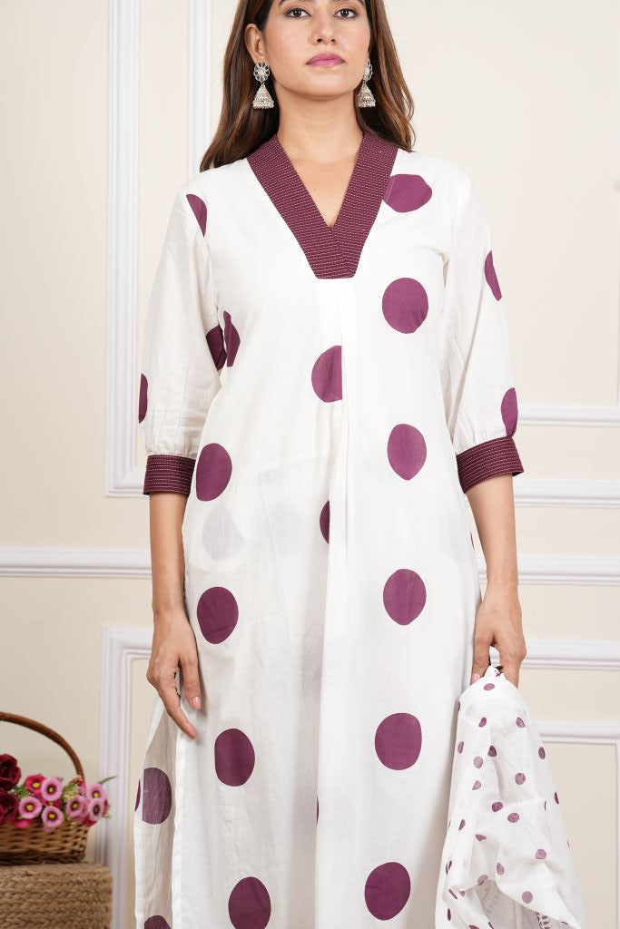 Yash Gallery Women's White Cotton Cambric Polka Dot Print Calf Length V- Neck With Kantha Work Detaliing 3/4 Sleeves Straight Kurta With Pant And Duptta