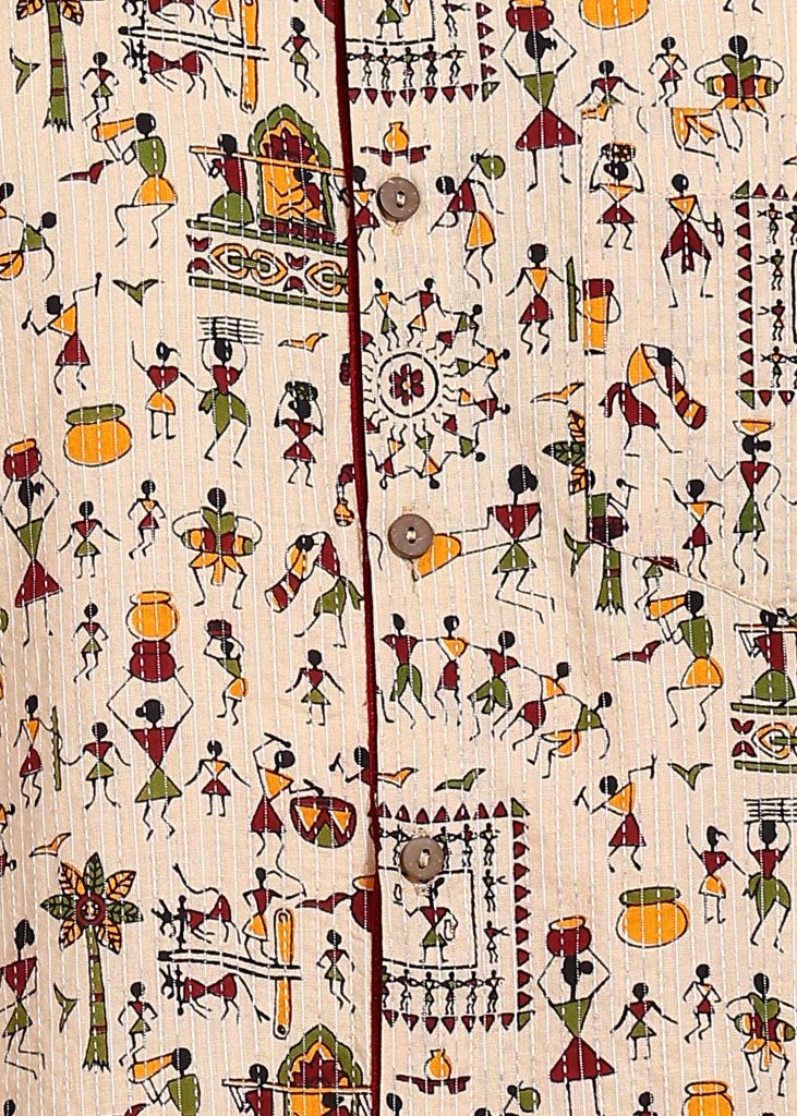 Yash Gallery Men's Cotton Warli Print Regular Shirt (Offwhite )