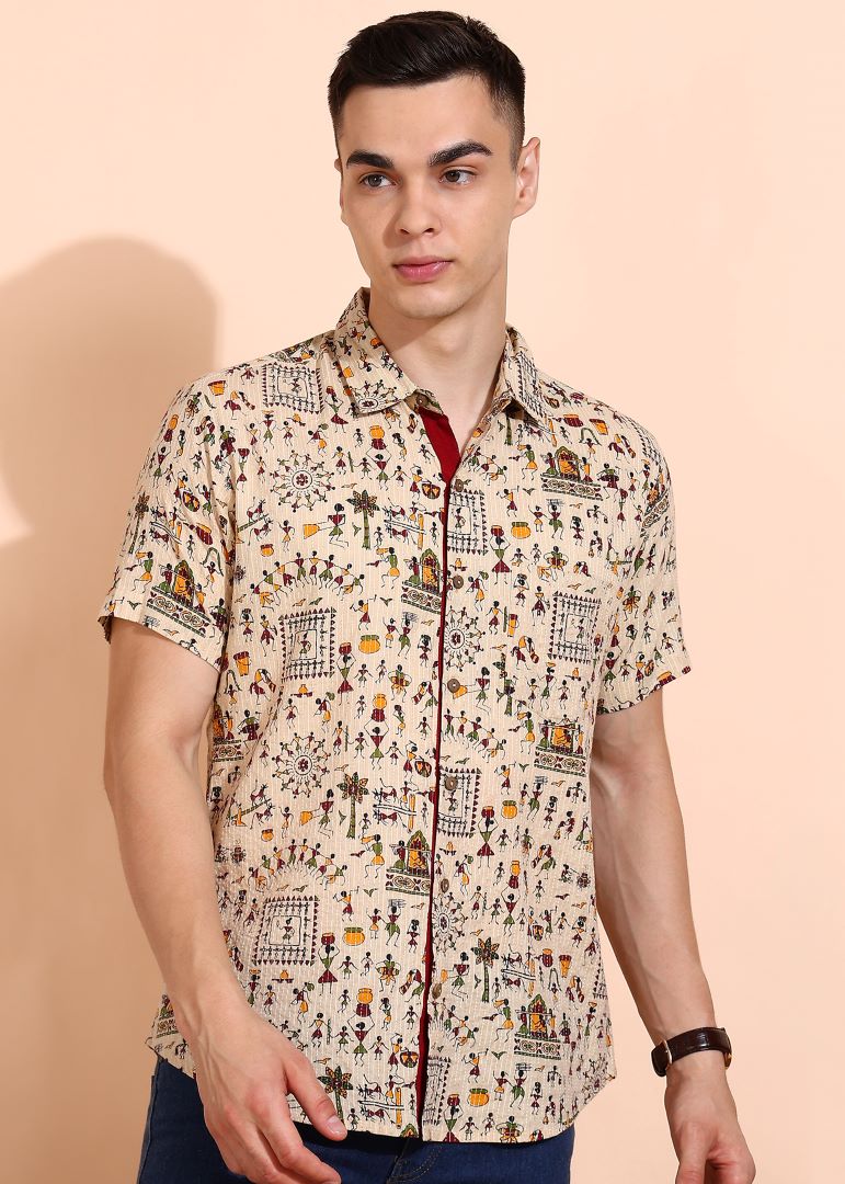 Yash Gallery Men's Cotton Warli Print Regular Shirt (Offwhite )