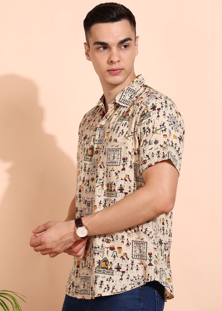 Yash Gallery Men's Cotton Warli Print Regular Shirt (Offwhite )