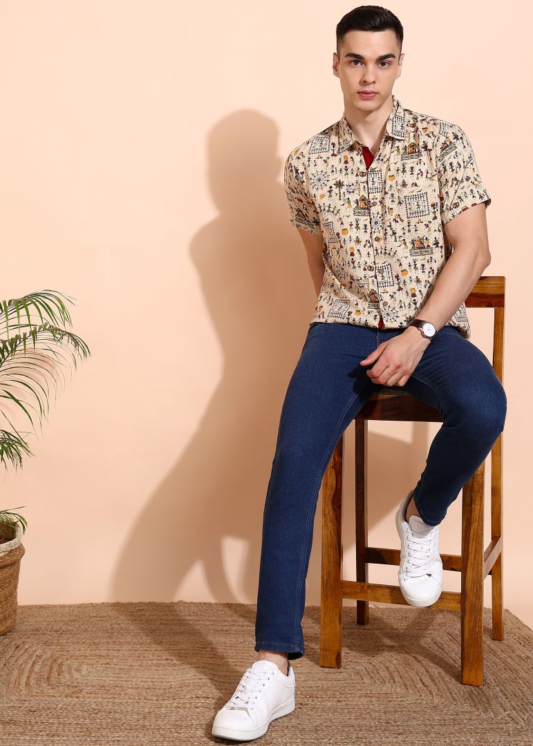 Yash Gallery Men's Cotton Warli Print Regular Shirt (Offwhite )