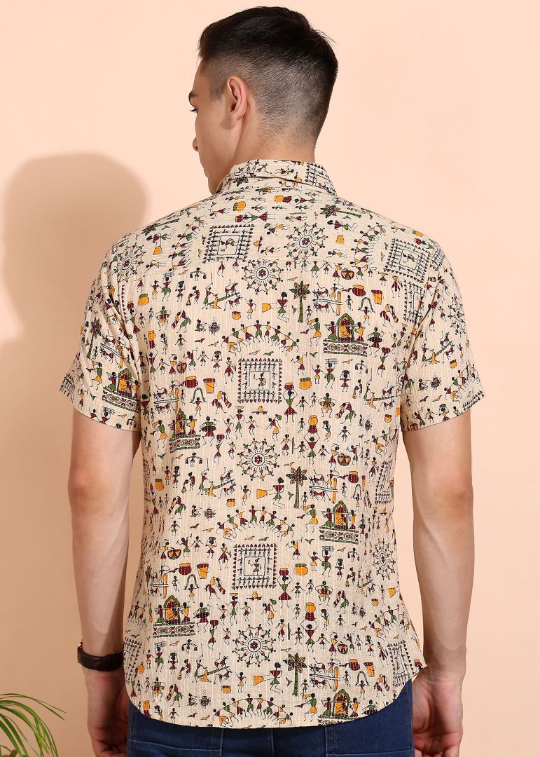 Yash Gallery Men's Cotton Warli Print Regular Shirt (Offwhite )