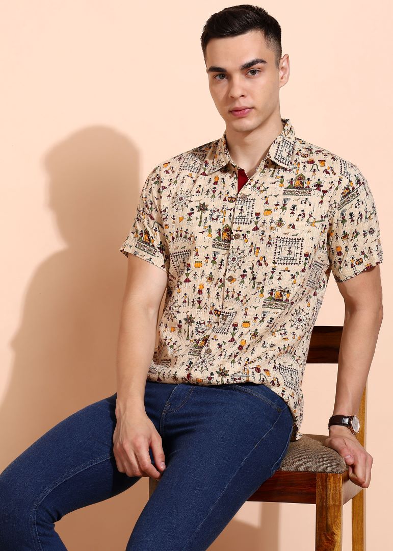 Yash Gallery Men's Cotton Warli Print Regular Shirt (Offwhite )