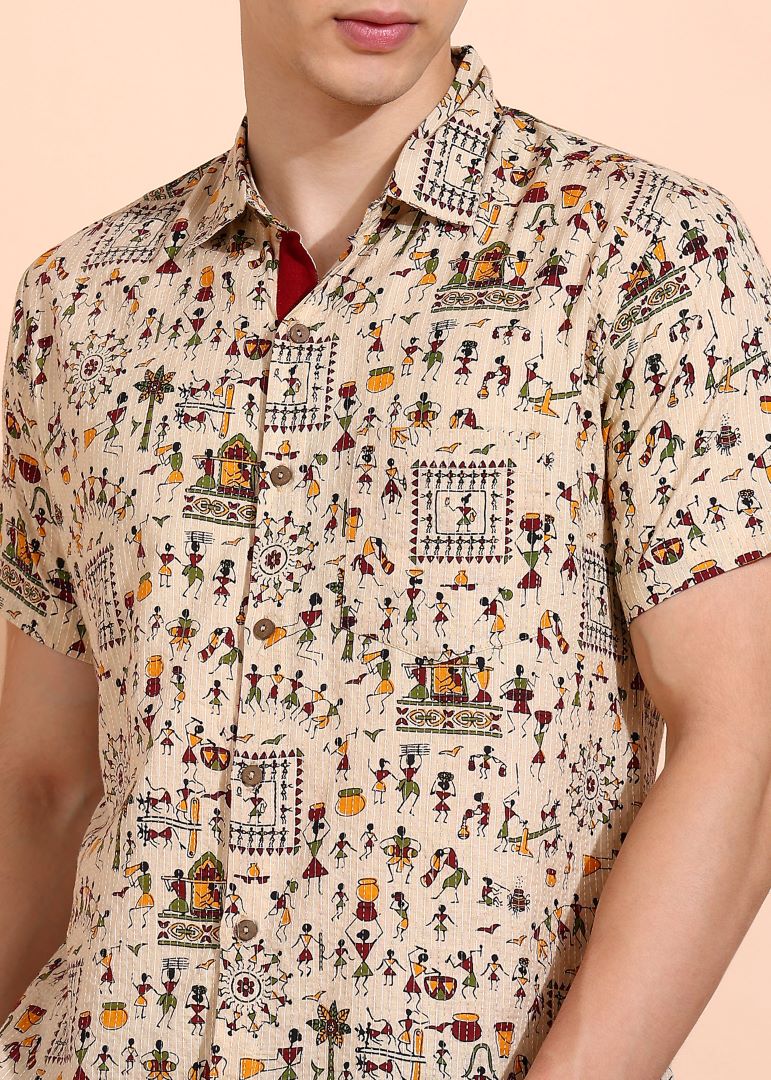Yash Gallery Men's Cotton Warli Print Regular Shirt (Offwhite )