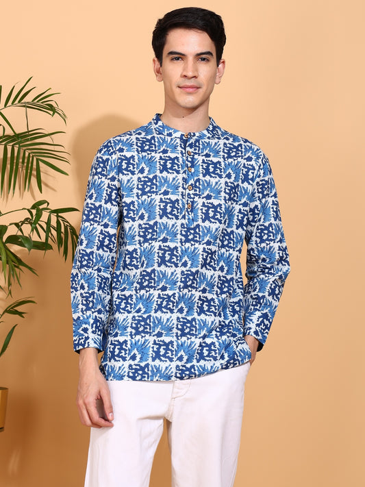 yash gallery mens cotton handblock print nehru collar with solid fashion patti short kurta