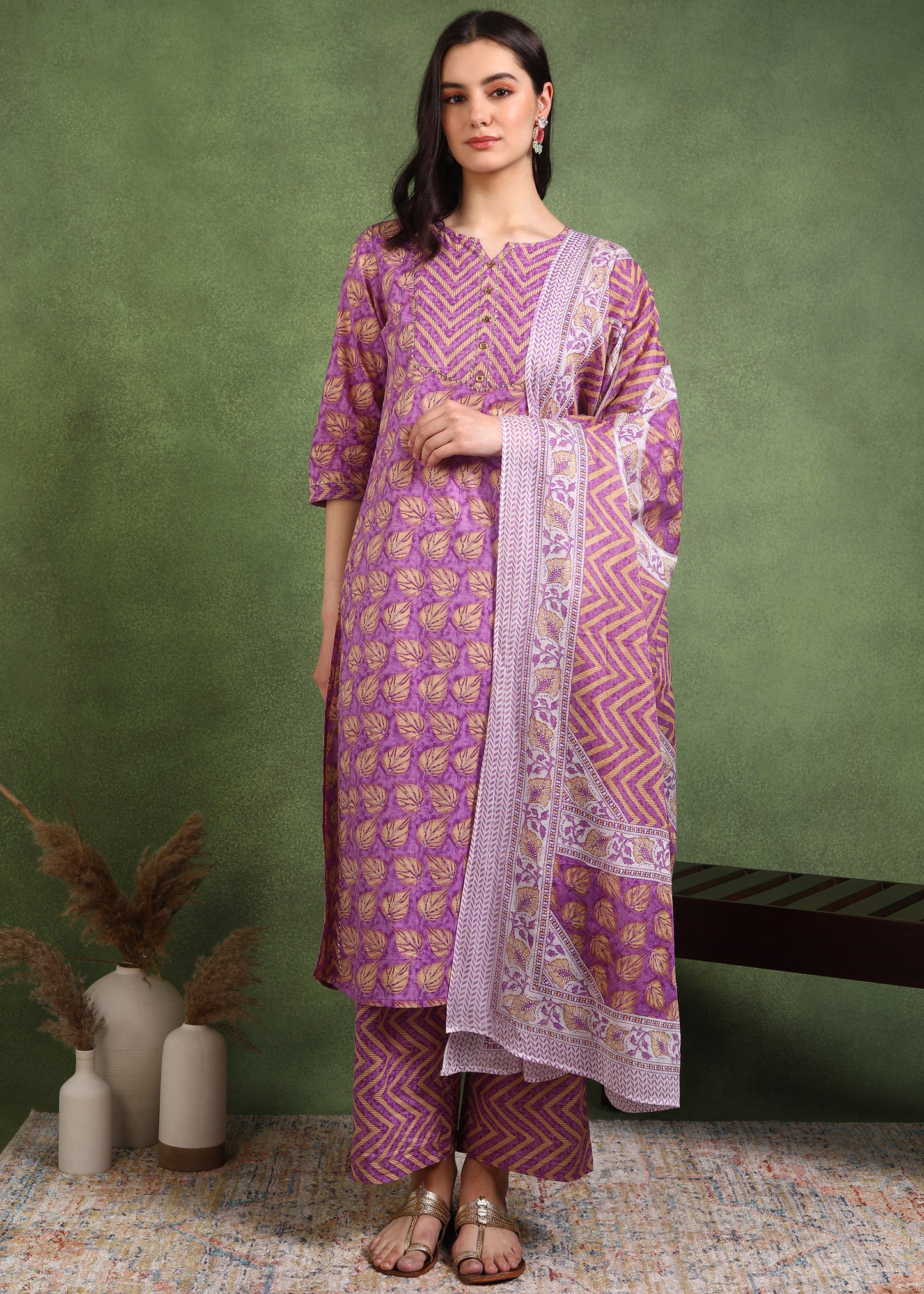 yash gallery womens cotton calf length 3 4th sleeve floral printed gotta patti straight kurta with printed pant dupatta