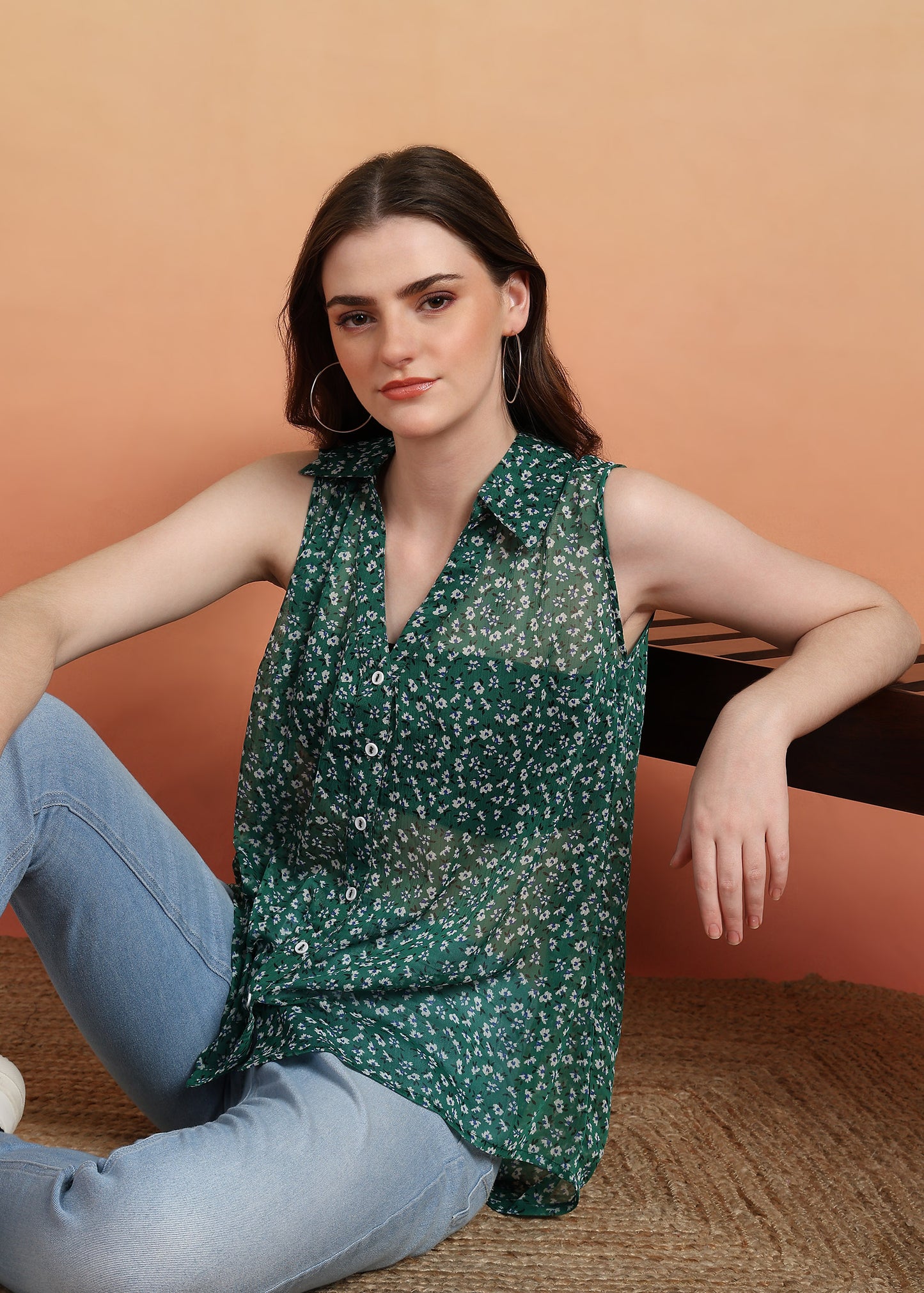 yash gallery womens chiffon floral print waist lengtth c cut spread collar sleeveless top green