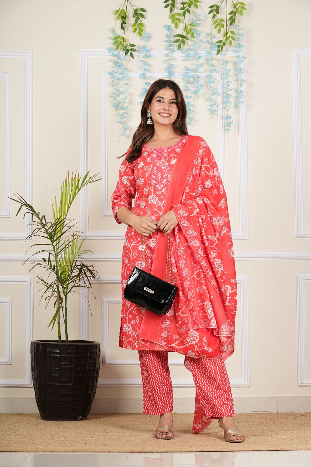 yash gallery womens cotton cambric knee length round neck floral printed embroidered regular fitted 3 4th sleeve red kurta with chevron printed pant dupatta