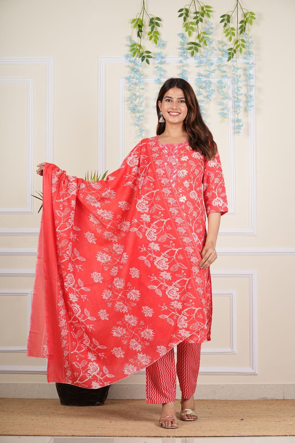 yash gallery womens cotton cambric knee length round neck floral printed embroidered regular fitted 3 4th sleeve red kurta with chevron printed pant dupatta