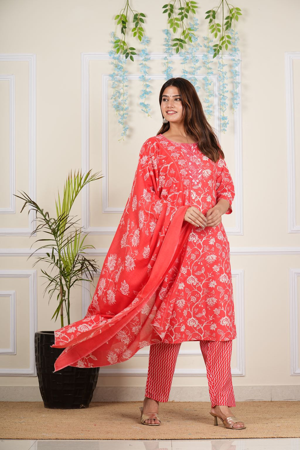 yash gallery womens cotton cambric knee length round neck floral printed embroidered regular fitted 3 4th sleeve red kurta with chevron printed pant dupatta