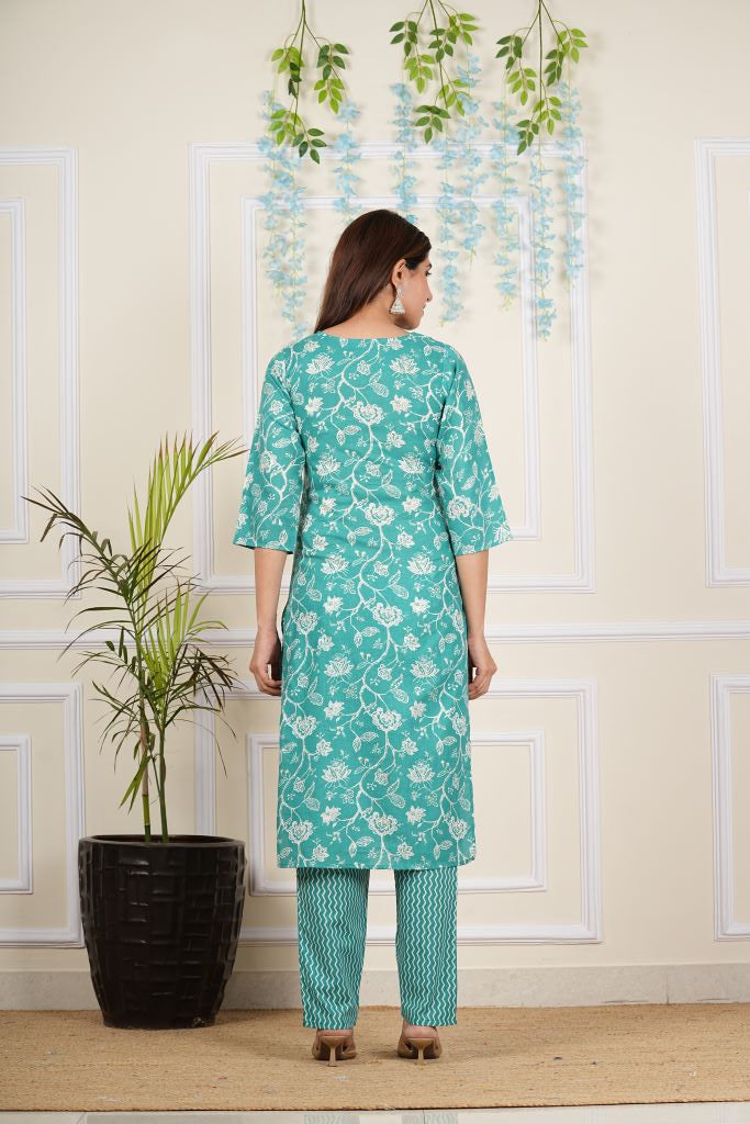 yash gallery womens cotton cambric knee length round neck floral printed embroidered regular fitted 3 4th sleeve red kurta with chevron printed pant dupatta