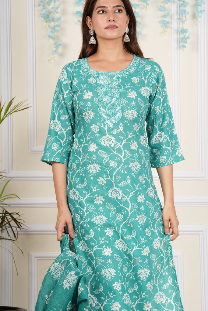 yash gallery womens cotton cambric knee length round neck floral printed embroidered regular fitted 3 4th sleeve red kurta with chevron printed pant dupatta