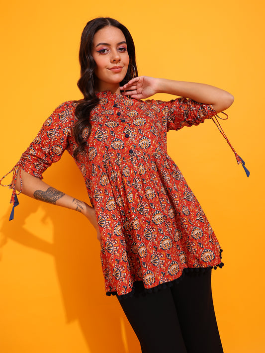 yash gallery womens cotton floral print waist length drawstring sleeve mandarin collar short kurti orange