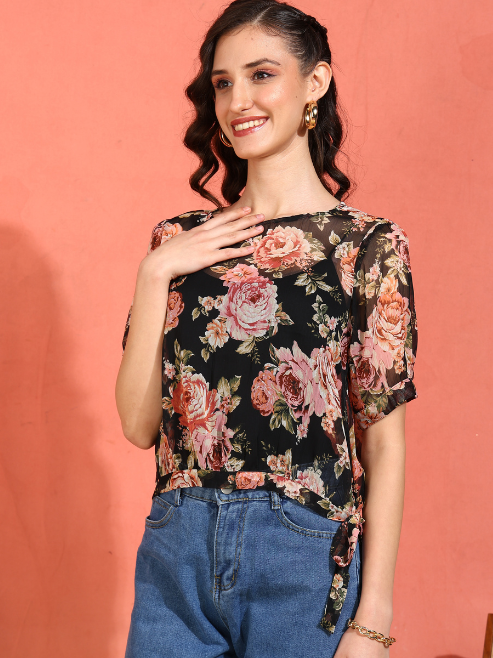 yash gallery womens chiffon floral print round neck puff sleece top black