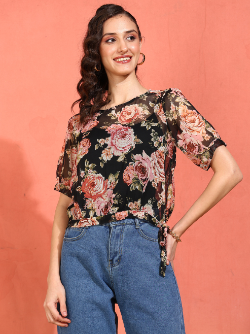 yash gallery womens chiffon floral print round neck puff sleece top black
