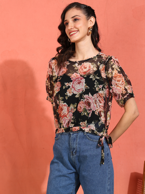 yash gallery womens chiffon floral print round neck puff sleece top black
