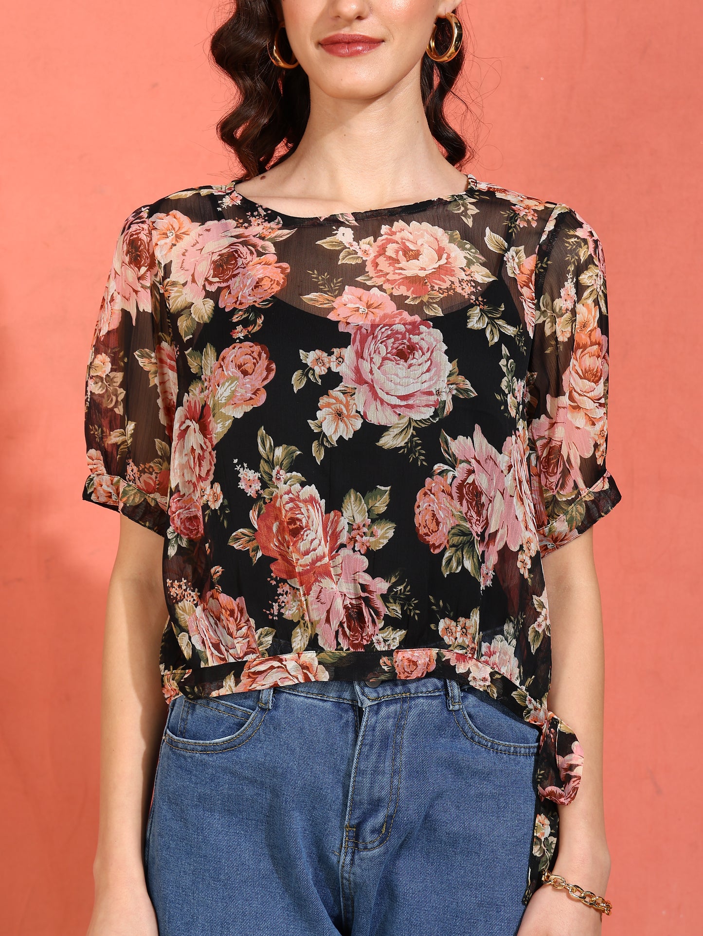 YASH GALLERY Women's Chiffon Floral Print Round Neck Puff Sleece Top