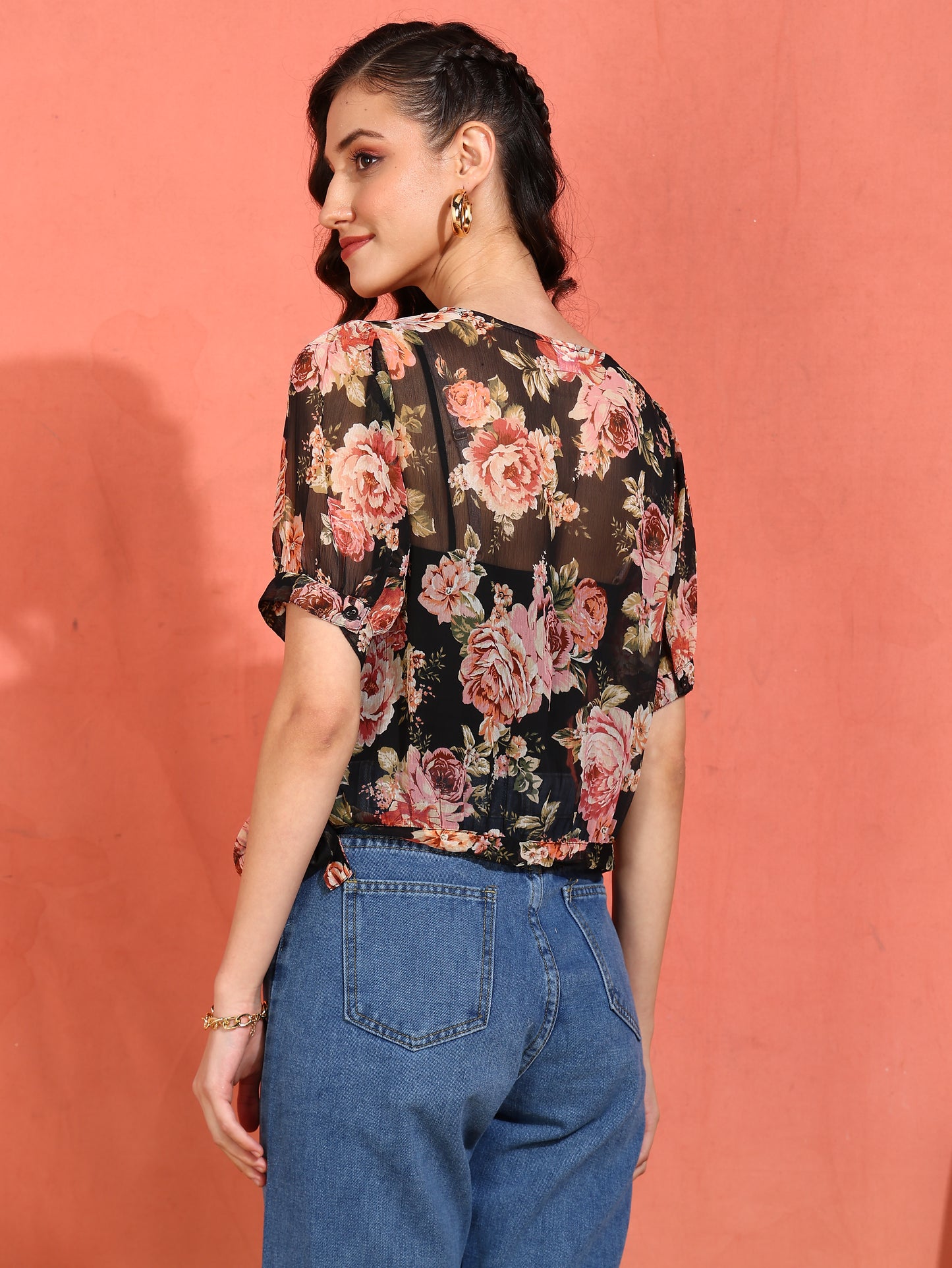 YASH GALLERY Women's Chiffon Floral Print Round Neck Puff Sleece Top