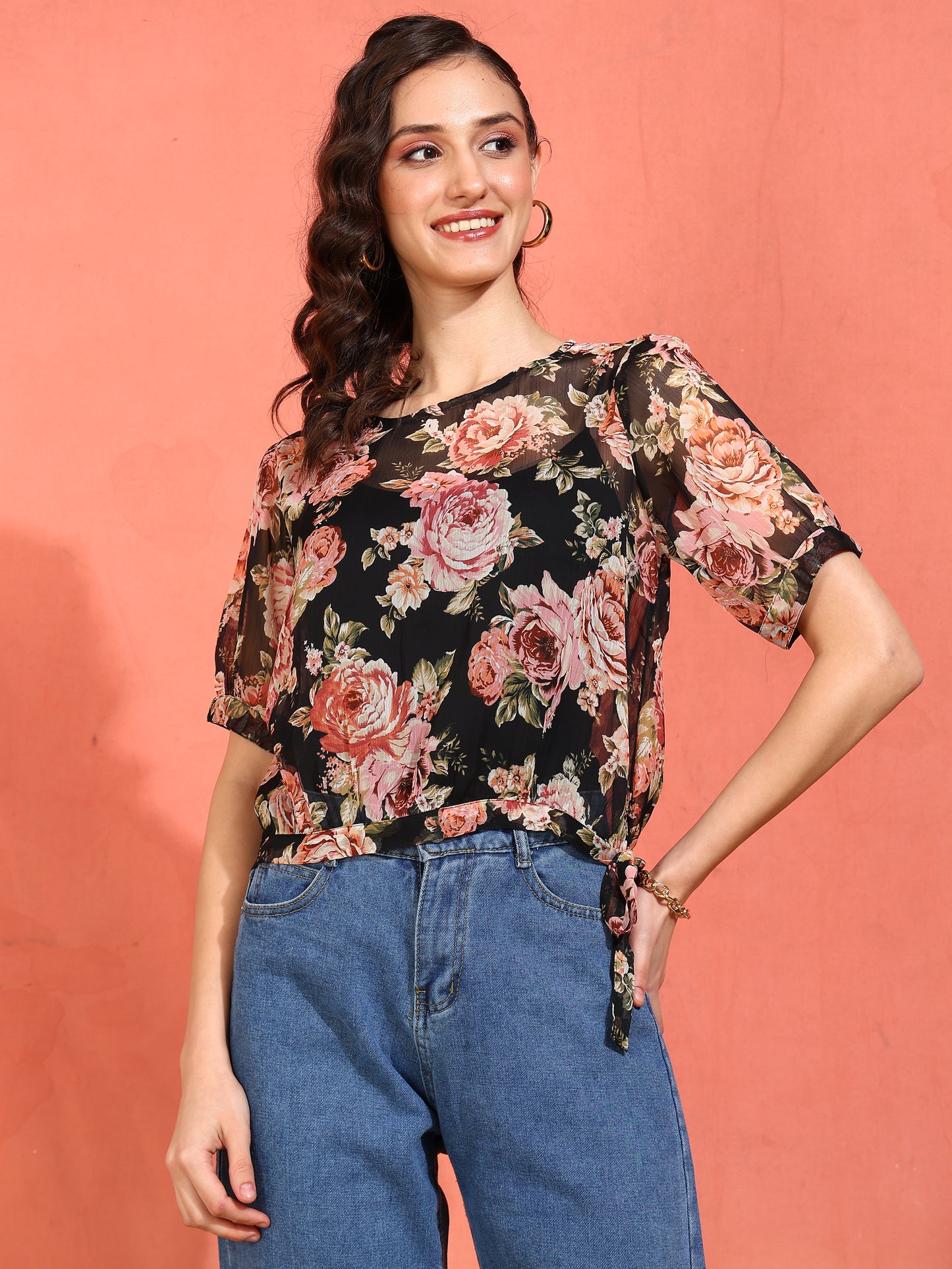 YASH GALLERY Women's Chiffon Floral Print Round Neck Puff Sleece Top