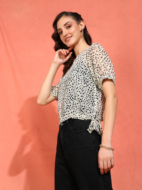 yash gallery womens chiffon patch animall print round neck puff sleece top offwhite