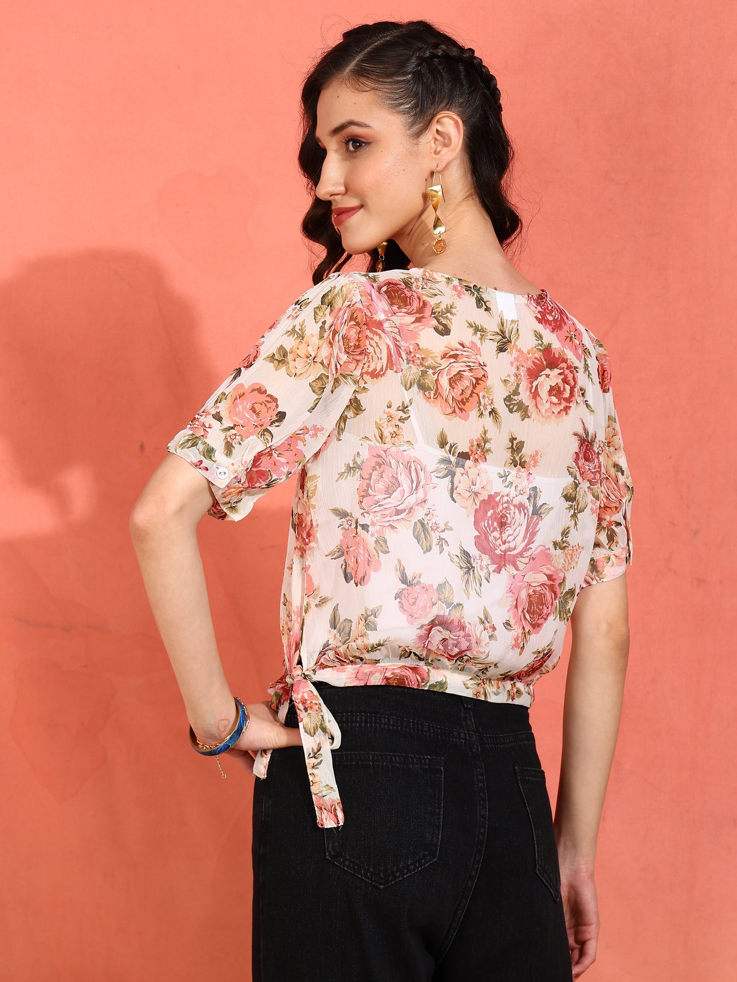 YASH GALLERY Women's Chiffon Floral Print Round Neck Puff Sleece Top