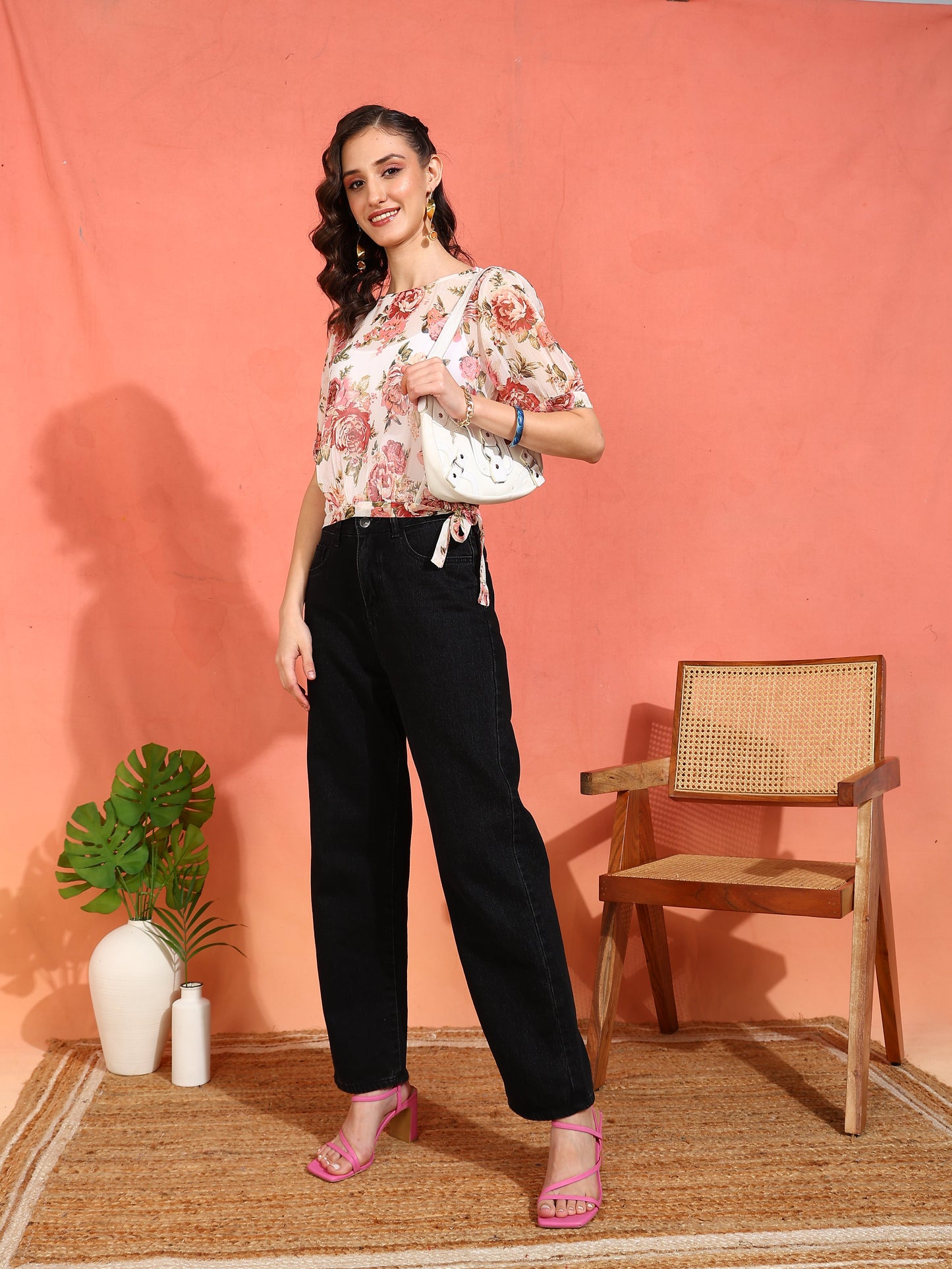 yash gallery womens chiffon floral print round neck puff sleece top black